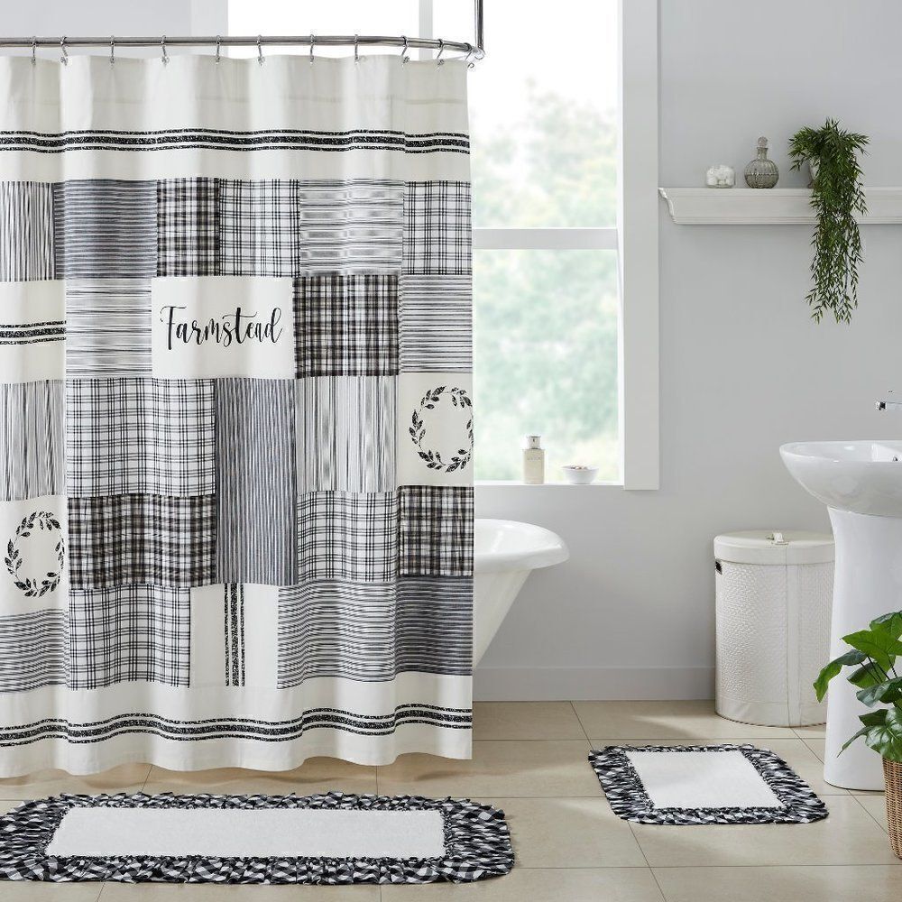 NEW! Farmhouse Black White Stenciled Patchwork Cotton Fabric Shower Curtain